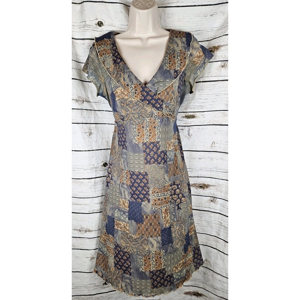 90s Y2K Vintage Faded Glory Patchwork Mesh Dress S 4/6 Faux Wrap Tie Back